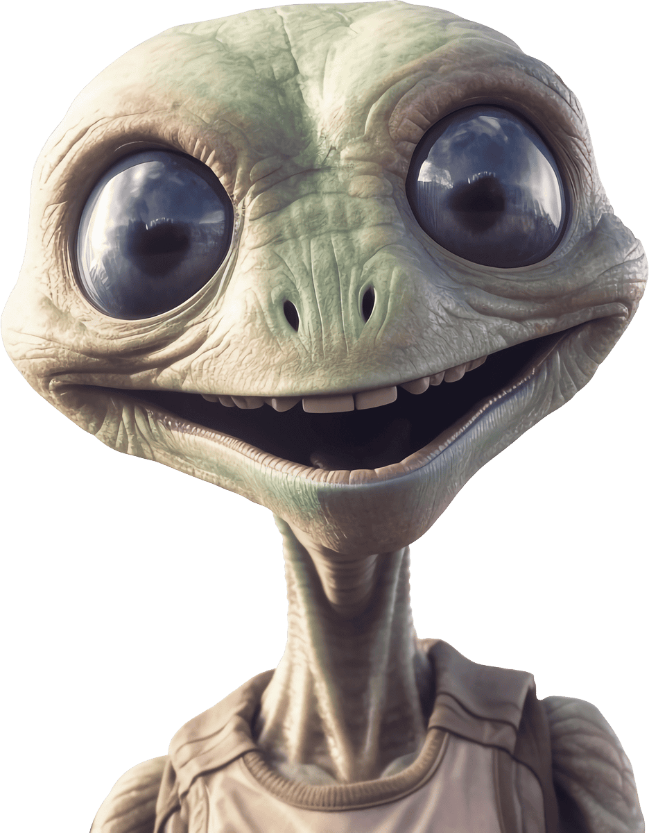 Ein lächelnder Alien mit großen, runden Augen und einer humanoiden Gestalt, trägt ein einfaches Oberteil.