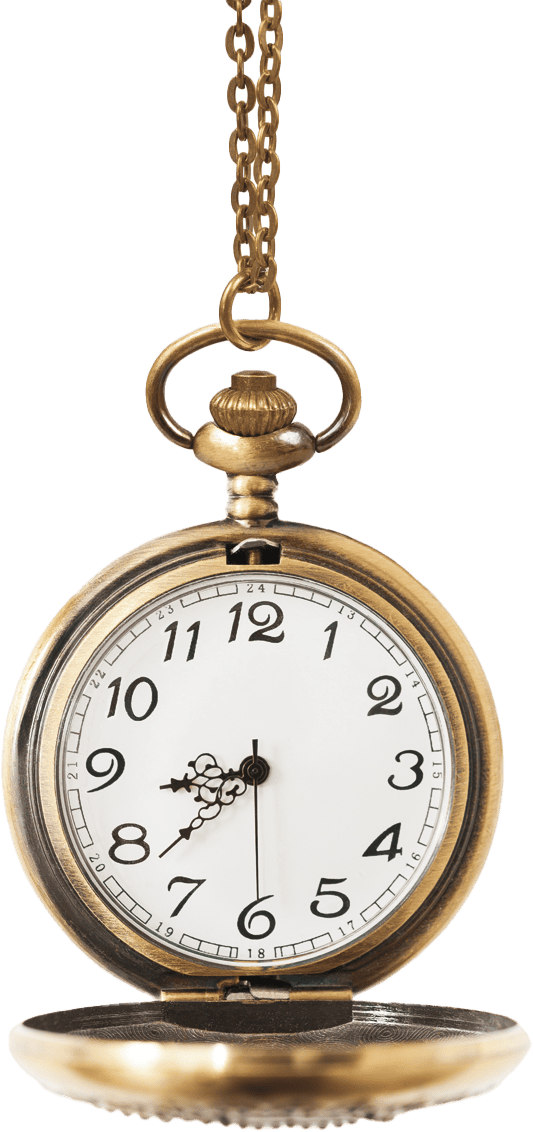 Antike Taschenuhr mit einem weißen Zifferblatt und arabischen Ziffern, an einer Kette befestigt.